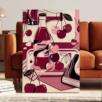 Cherry Soda Reverie, pink, beige, black abstract wall art on canvas displayed in a styled interior, gallery view 1
