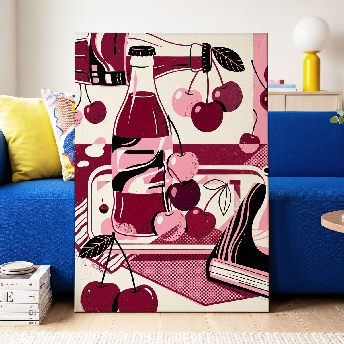 Cherry Soda Reverie, pink, beige, black abstract wall art on canvas displayed in a styled interior, gallery view 2