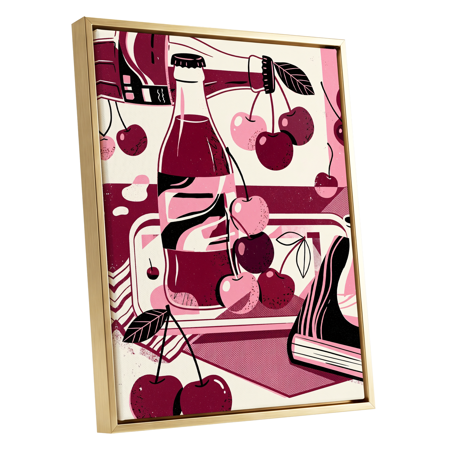 Cherry Soda Reverie, pink, beige, black abstract wall art shown as a gold framed canvas wall art