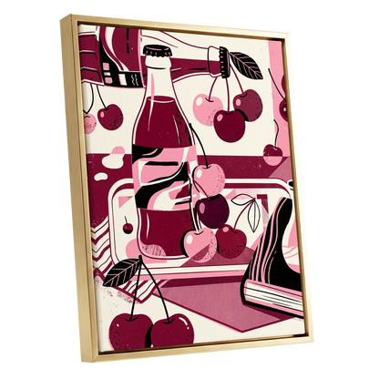Cherry Soda Reverie, pink, beige, black abstract wall art shown as a gold framed canvas wall art