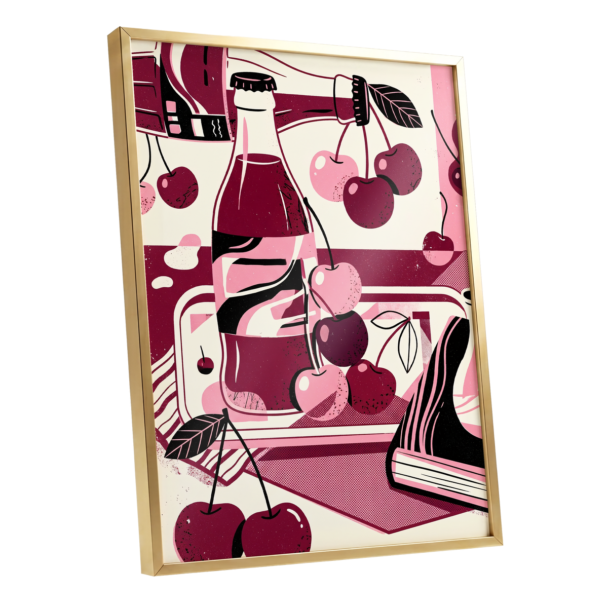 Cherry Soda Reverie, pink, beige, black abstract wall art shown as a gold framed poster wall art print