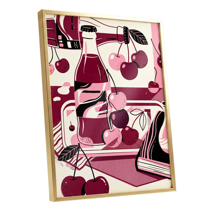 Cherry Soda Reverie, pink, beige, black abstract wall art shown as a gold framed poster wall art print