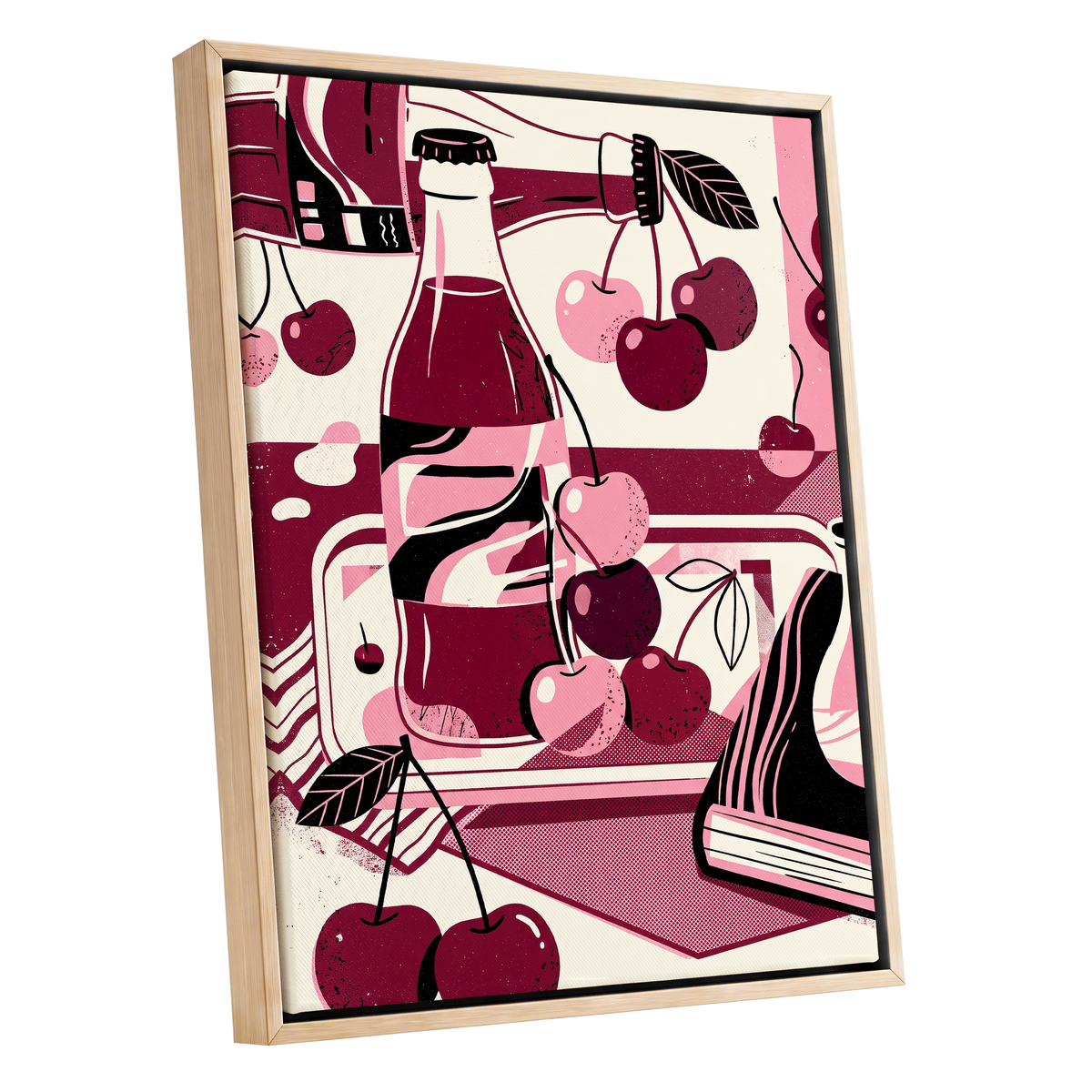 Cherry Soda Reverie, pink, beige, black abstract wall art shown as a oak framed canvas wall art