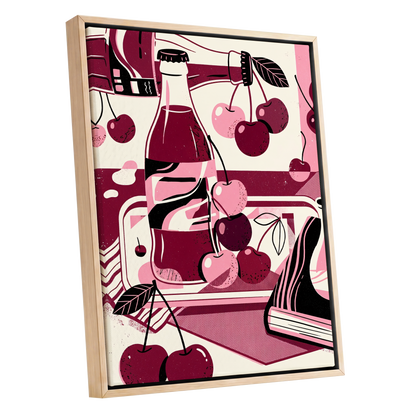 Cherry Soda Reverie, pink, beige, black abstract wall art shown as a oak framed canvas wall art