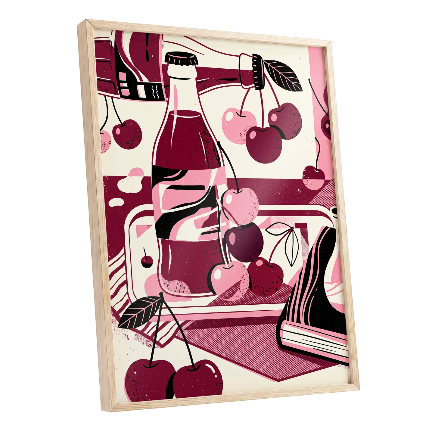 Cherry Soda Reverie, pink, beige, black abstract wall art shown as a oak framed poster wall art print