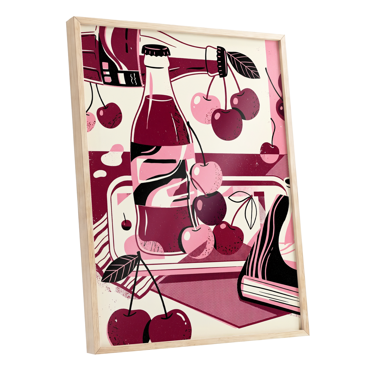 Cherry Soda Reverie, pink, beige, black abstract wall art shown as a oak framed poster wall art print