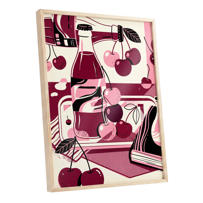 Cherry Soda Reverie, pink, beige, black abstract wall art shown as a oak framed poster wall art print