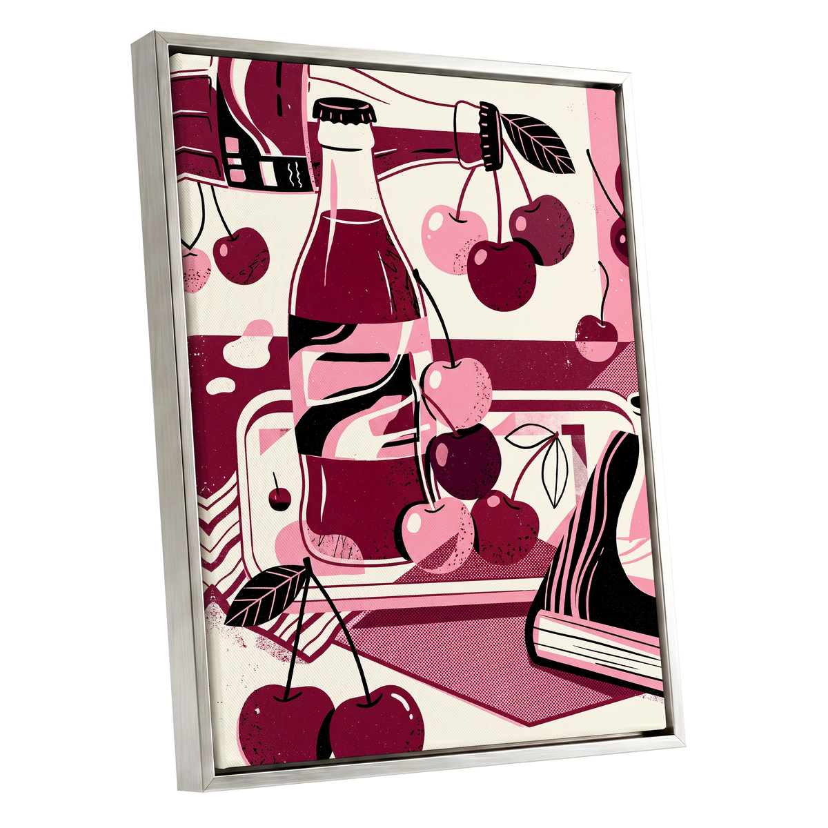 Cherry Soda Reverie, pink, beige, black abstract wall art shown as a silver framed canvas wall art