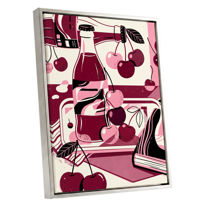 Cherry Soda Reverie, pink, beige, black abstract wall art shown as a silver framed canvas wall art