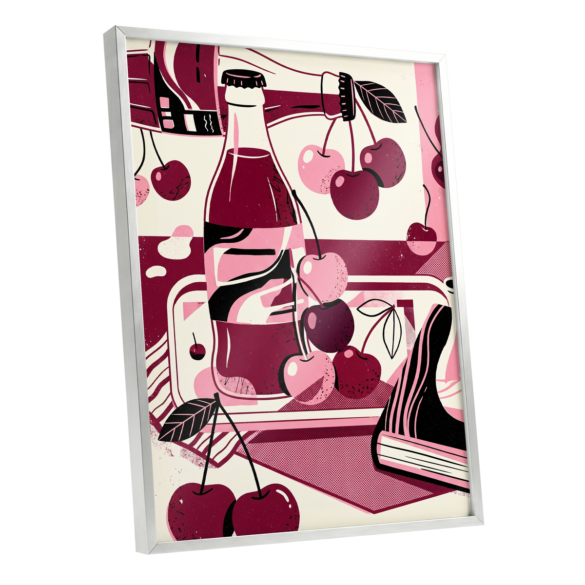 Cherry Soda Reverie, pink, beige, black abstract wall art shown as a silver framed poster wall art print