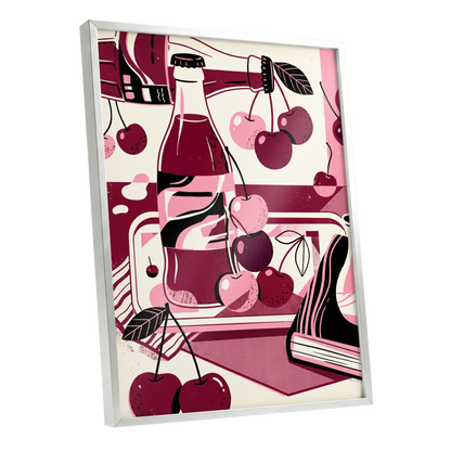 Cherry Soda Reverie, pink, beige, black abstract wall art shown as a silver framed poster wall art print