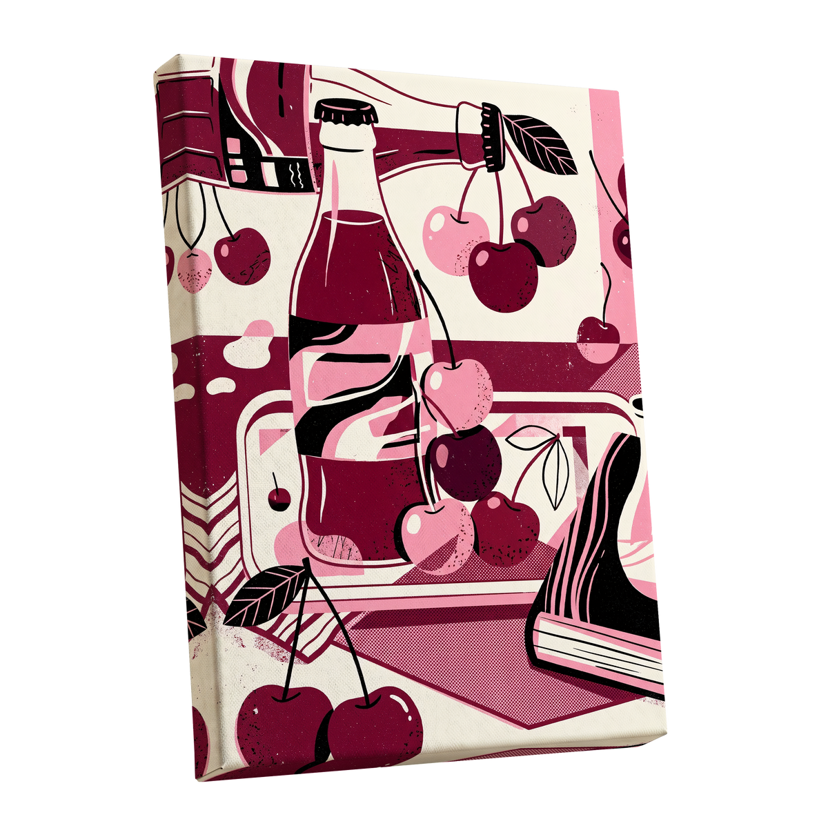 Cherry Soda Reverie, pink, beige, black abstract wall art shown as a stretched canvas wall art