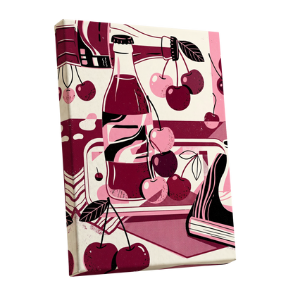 Cherry Soda Reverie, pink, beige, black abstract wall art shown as a stretched canvas wall art
