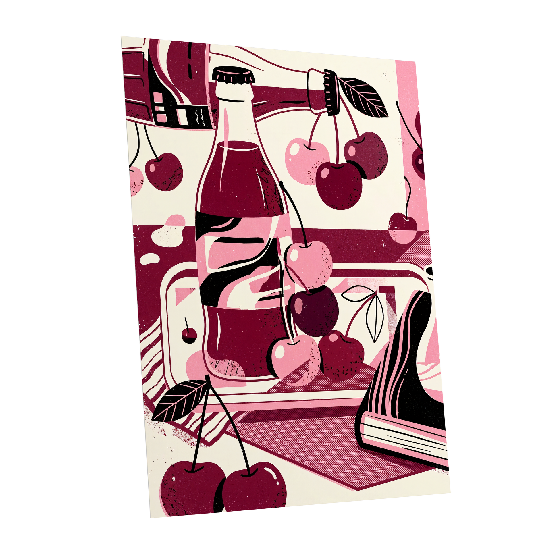 Cherry Soda Reverie, pink, beige, black abstract wall art shown as a unframed poster wall art print