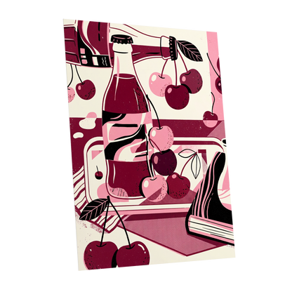 Cherry Soda Reverie, pink, beige, black abstract wall art shown as a unframed poster wall art print