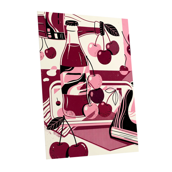 Cherry Soda Reverie, pink, beige, black abstract wall art shown as a unframed poster wall art print