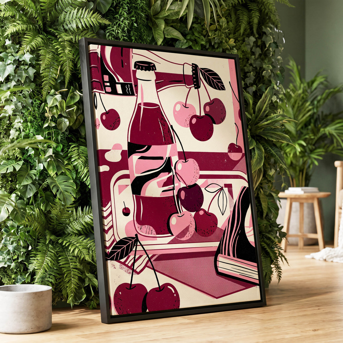 Cherry Soda Reverie, pink, beige, black abstract wall art displayed in a styled interior, gallery view 1