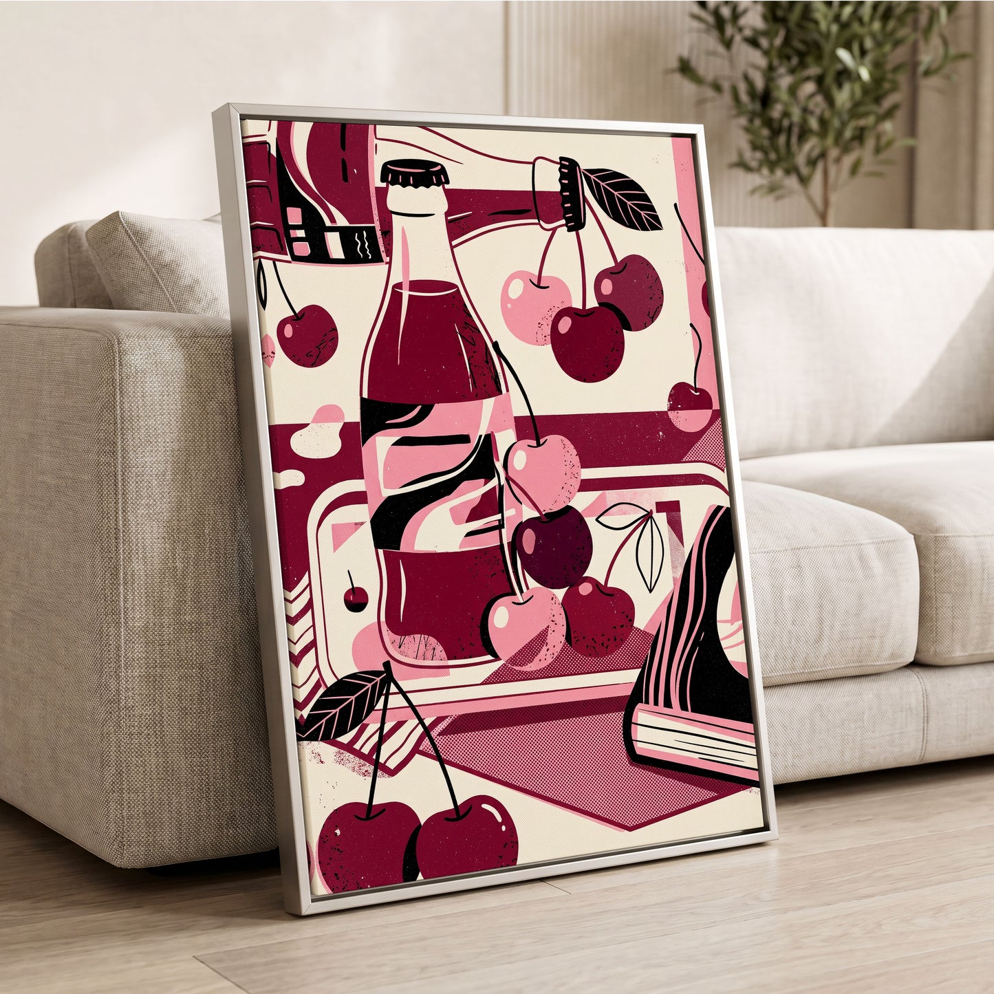 Cherry Soda Reverie, pink, beige, black abstract wall art displayed in a styled interior, gallery view 2