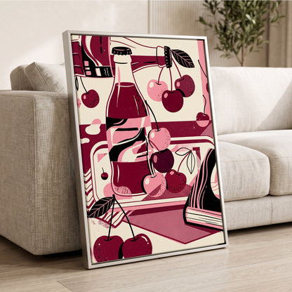 Cherry Soda Reverie, pink, beige, black abstract wall art displayed in a styled interior, gallery view 2