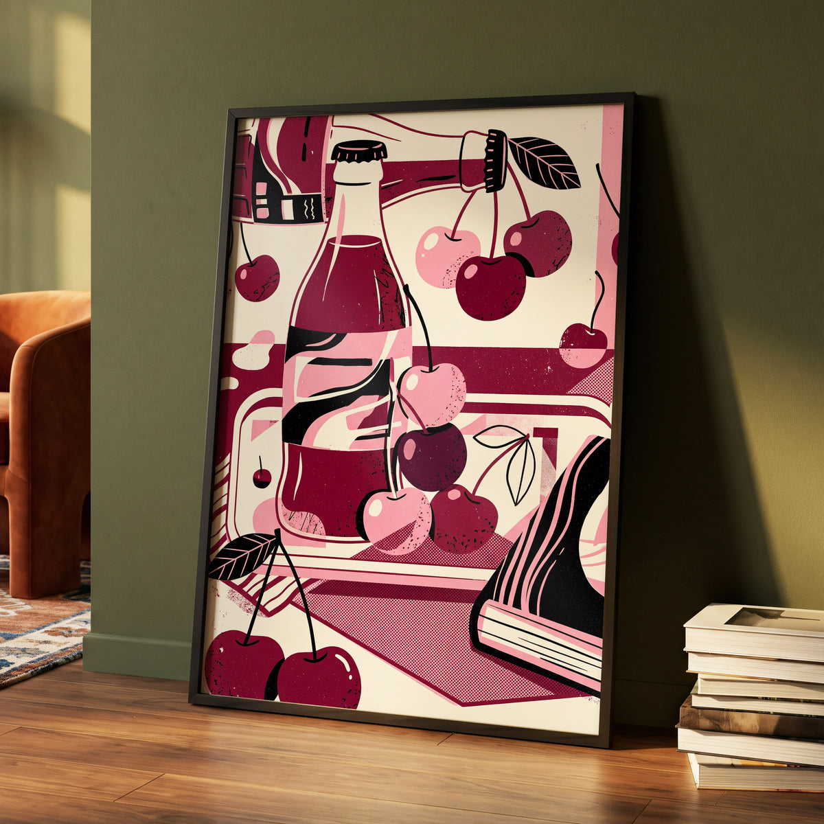 Cherry Soda Reverie, pink, beige, black abstract wall art displayed in a styled interior, gallery view 4