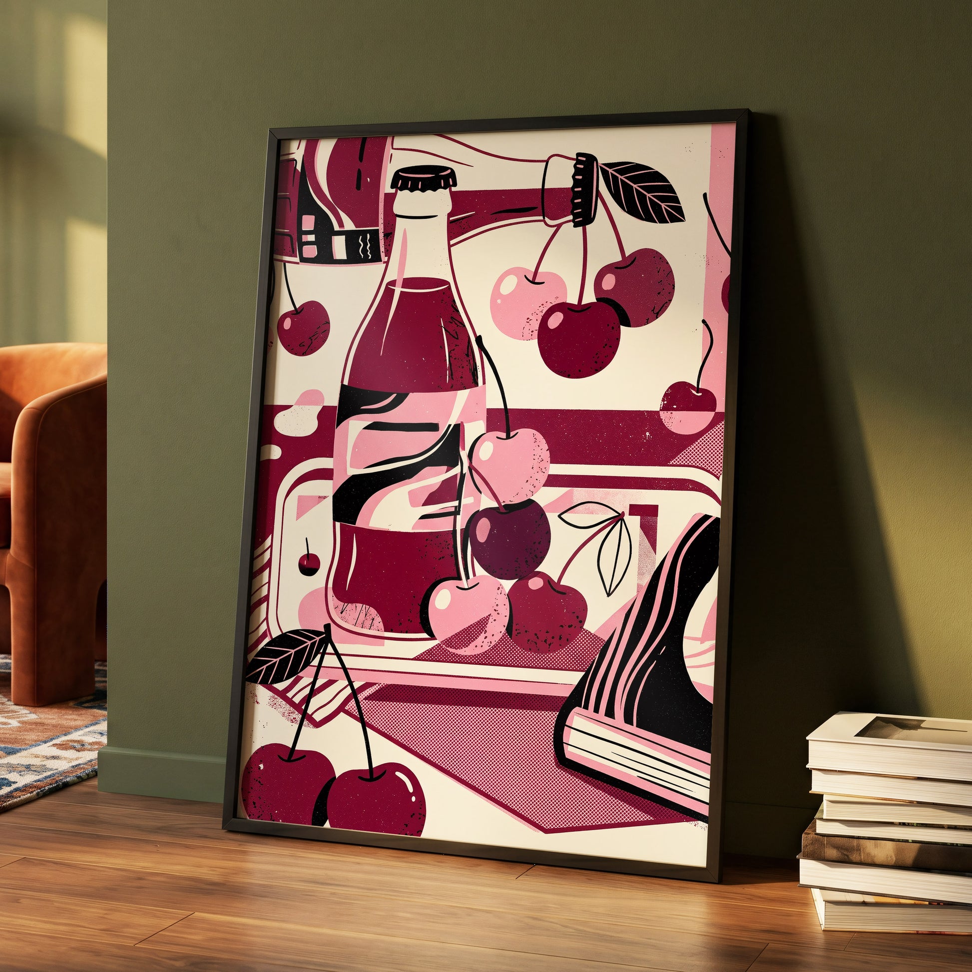 Cherry Soda Reverie, pink, beige, black abstract wall art displayed in a styled interior, gallery view 4