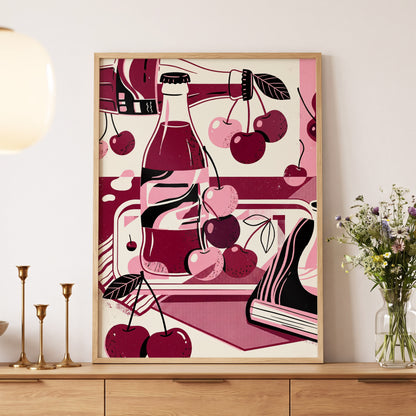Cherry Soda Reverie, pink, beige, black abstract wall art displayed in a styled interior, gallery view 5