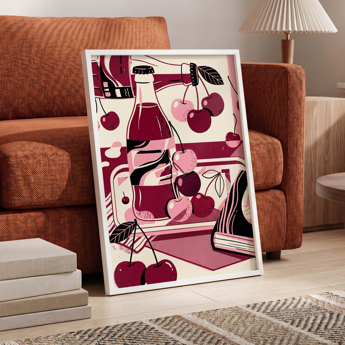 Cherry Soda Reverie, pink, beige, black abstract wall art displayed in a styled interior, gallery view 6