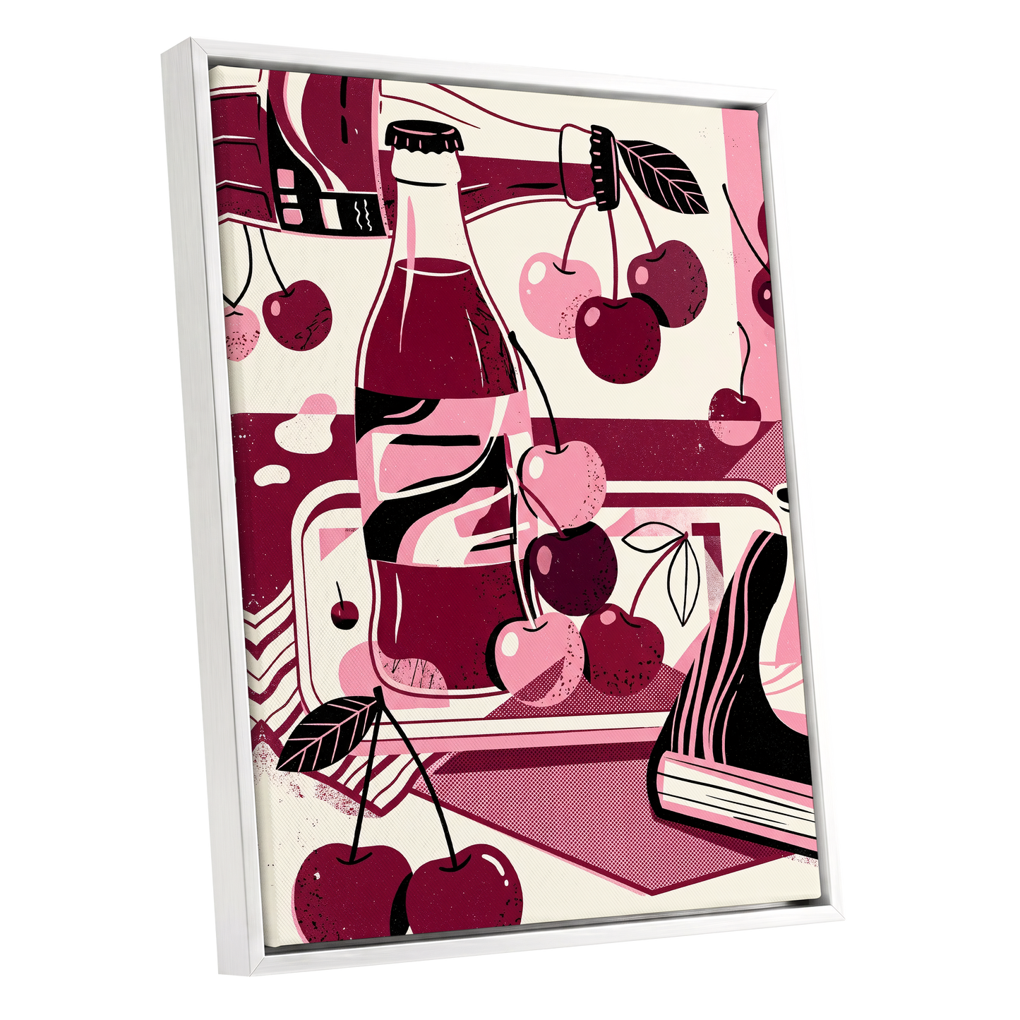 Cherry Soda Reverie, pink, beige, black abstract wall art shown as a white framed canvas wall art