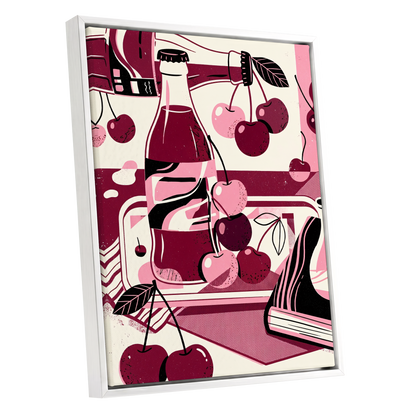 Cherry Soda Reverie, pink, beige, black abstract wall art shown as a white framed canvas wall art