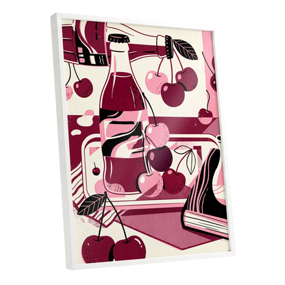 Cherry Soda Reverie, pink, beige, black abstract wall art shown as a white framed poster wall art print