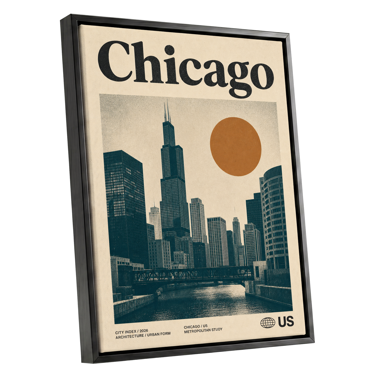 Chicago Amber Skyline, beige, black, orange minimalist wall art shown as a black framed canvas wall art
