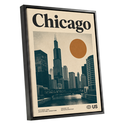 Chicago Amber Skyline, beige, black, orange minimalist wall art shown as a black framed canvas wall art
