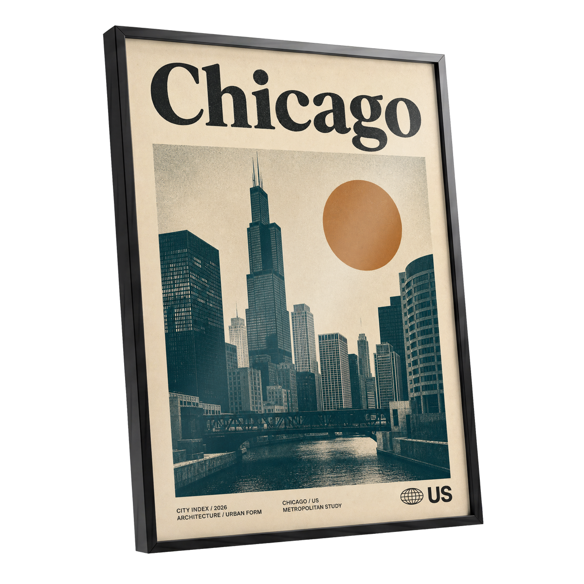 Chicago Amber Skyline, beige, black, orange minimalist wall art shown as a black framed poster wall art print
