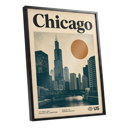 Chicago Amber Skyline, beige, black, orange minimalist wall art shown as a black framed poster wall art print
