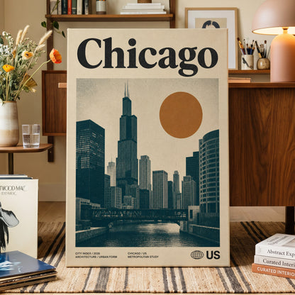 Chicago Amber Skyline, beige, black, orange minimalist wall art on canvas displayed in a styled interior, gallery view 1