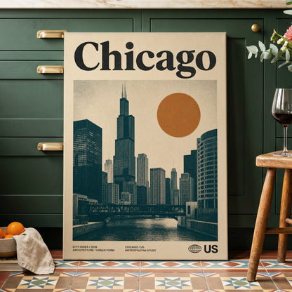 Chicago Amber Skyline, beige, black, orange minimalist wall art on canvas displayed in a styled interior, gallery view 2