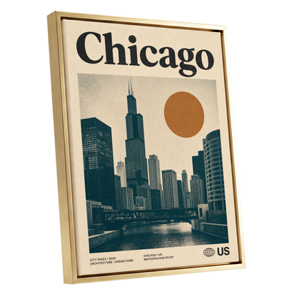 Chicago Amber Skyline, beige, black, orange minimalist wall art shown as a gold framed canvas wall art