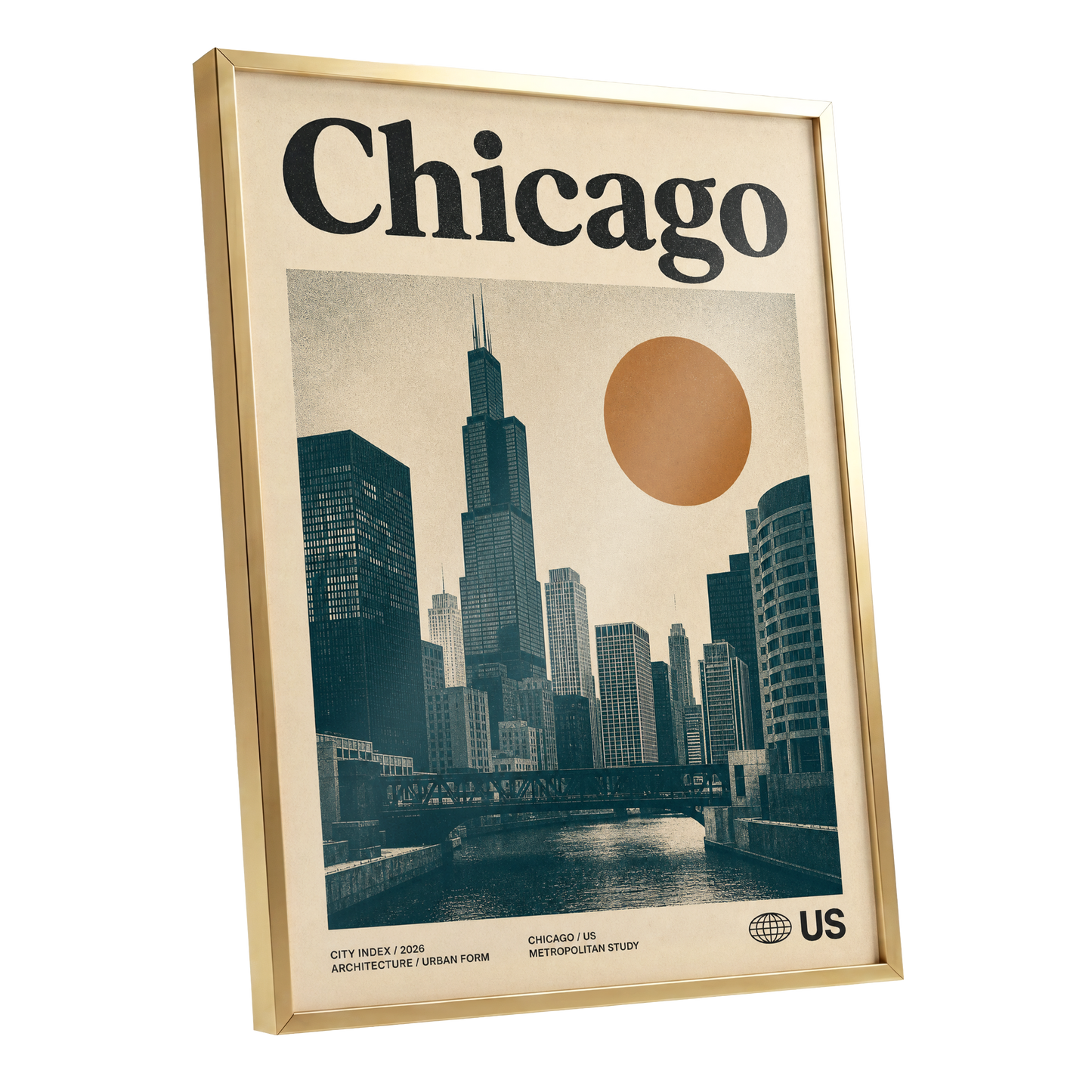 Chicago Amber Skyline, beige, black, orange minimalist wall art shown as a gold framed poster wall art print