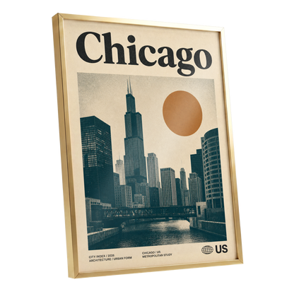 Chicago Amber Skyline, beige, black, orange minimalist wall art shown as a gold framed poster wall art print