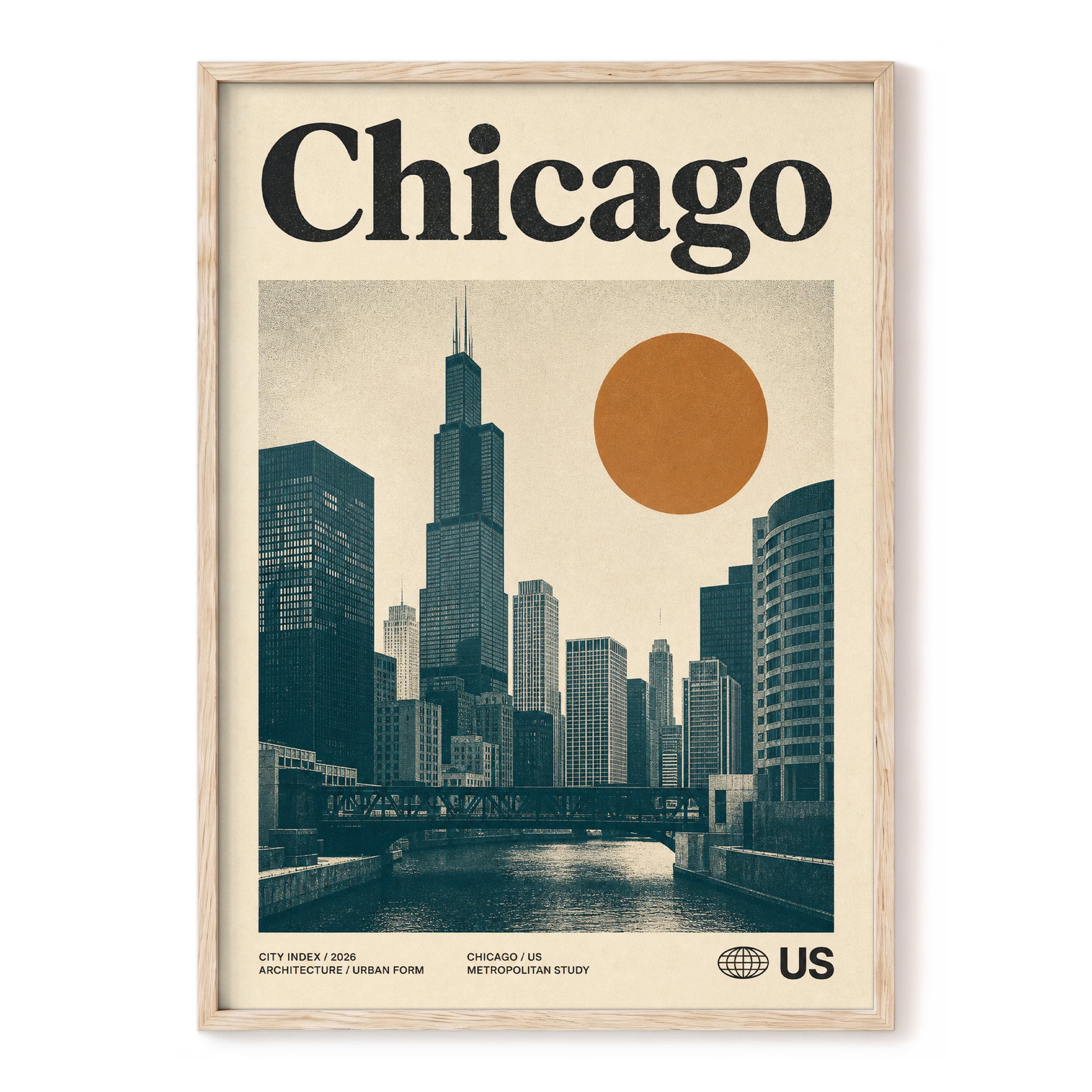 Chicago Amber Skyline, beige, black, orange minimalist wall art, front artwork view