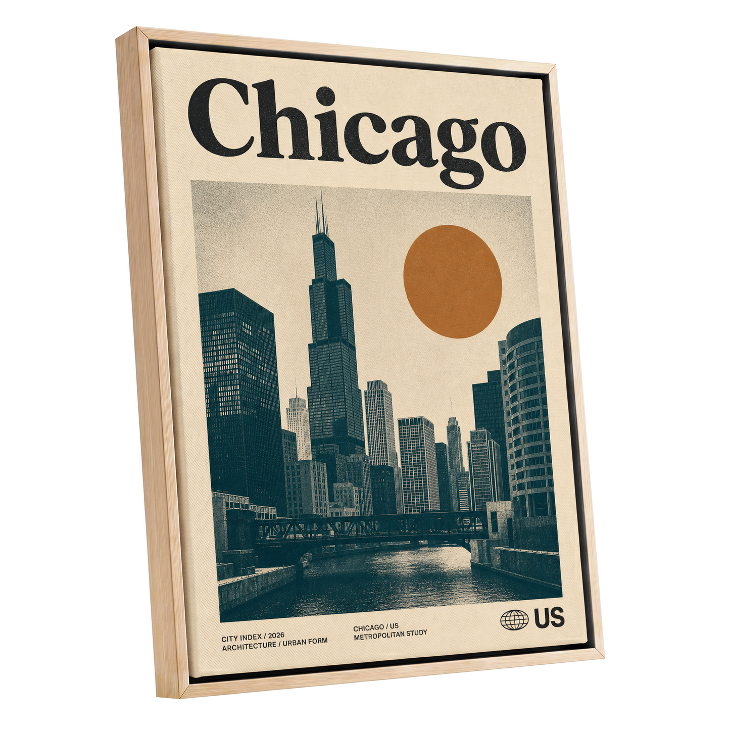 Chicago Amber Skyline, beige, black, orange minimalist wall art shown as a oak framed canvas wall art