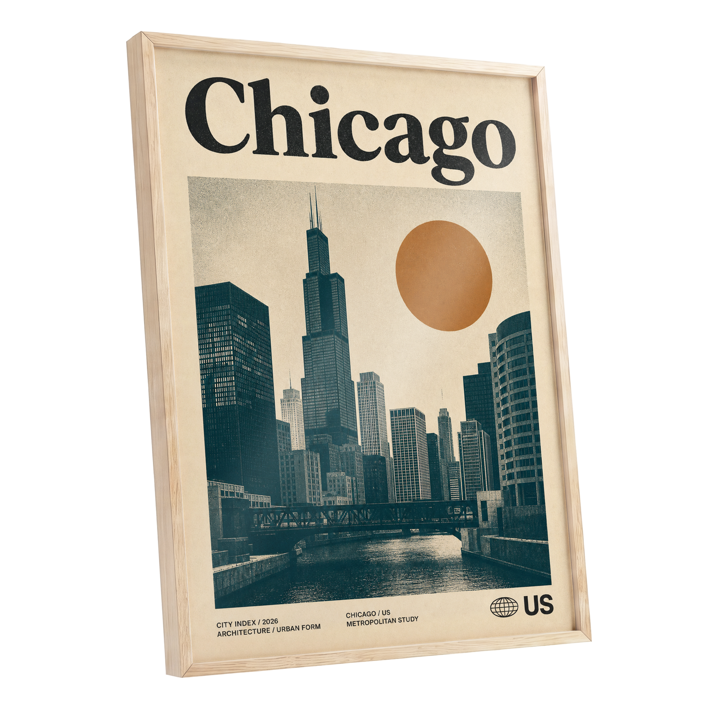 Chicago Amber Skyline, beige, black, orange minimalist wall art shown as a oak framed poster wall art print