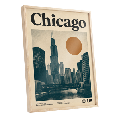 Chicago Amber Skyline, beige, black, orange minimalist wall art shown as a oak framed poster wall art print