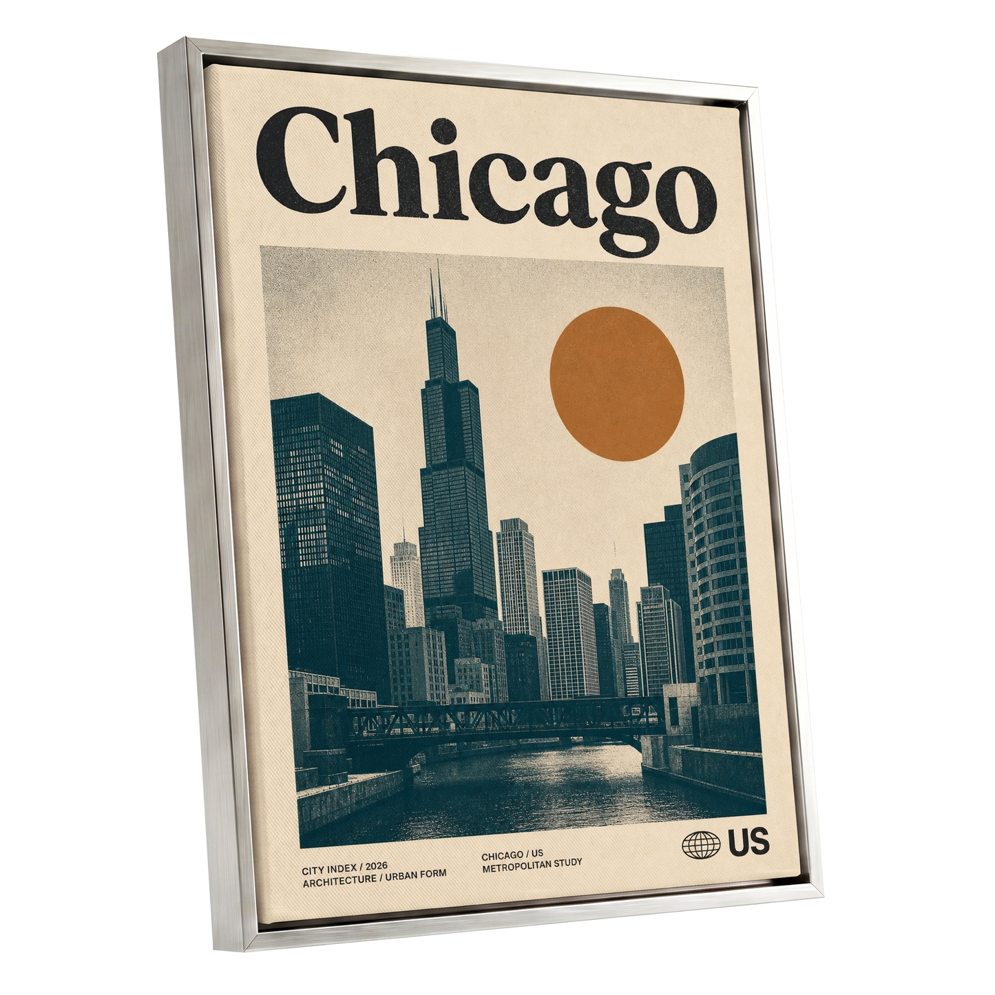 Chicago Amber Skyline, beige, black, orange minimalist wall art shown as a silver framed canvas wall art