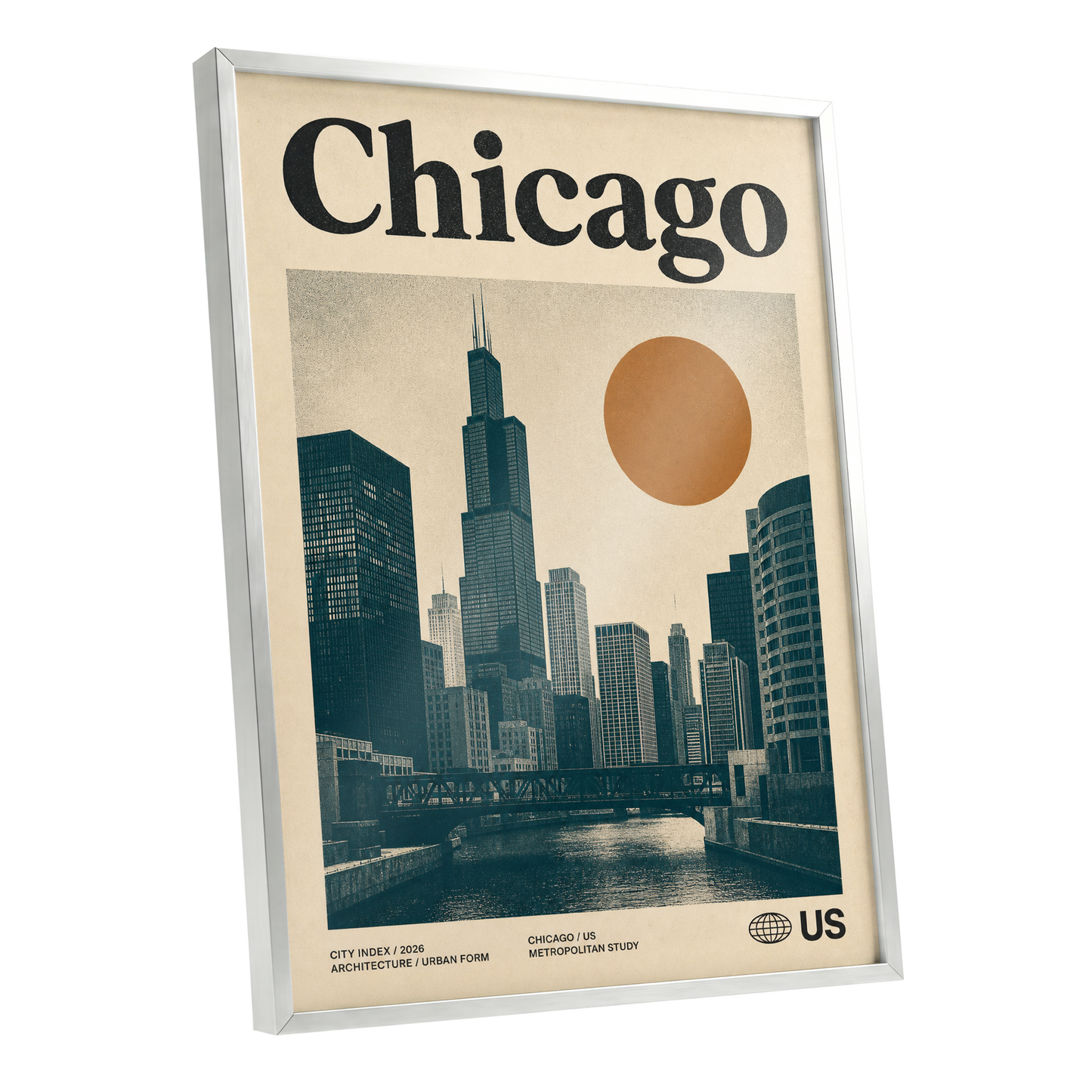 Chicago Amber Skyline, beige, black, orange minimalist wall art shown as a silver framed poster wall art print