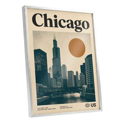 Chicago Amber Skyline, beige, black, orange minimalist wall art shown as a silver framed poster wall art print