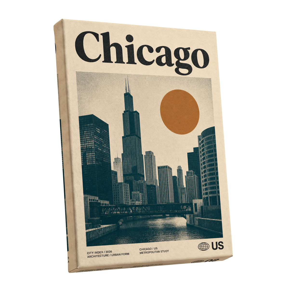 Chicago Amber Skyline, beige, black, orange minimalist wall art shown as a stretched canvas wall art
