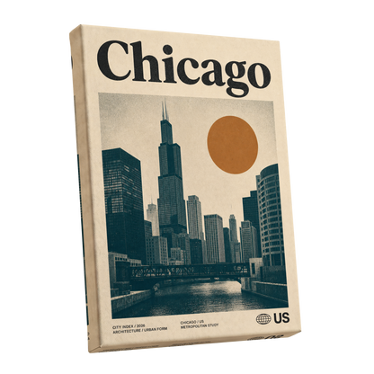 Chicago Amber Skyline, beige, black, orange minimalist wall art shown as a stretched canvas wall art