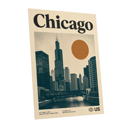 Chicago Amber Skyline, beige, black, orange minimalist wall art shown as a unframed poster wall art print