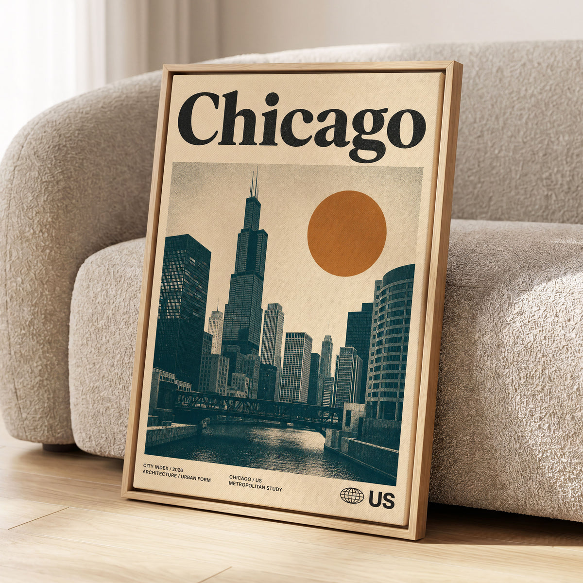 Chicago Amber Skyline, beige, black, orange minimalist wall art displayed in a styled interior, gallery view 1